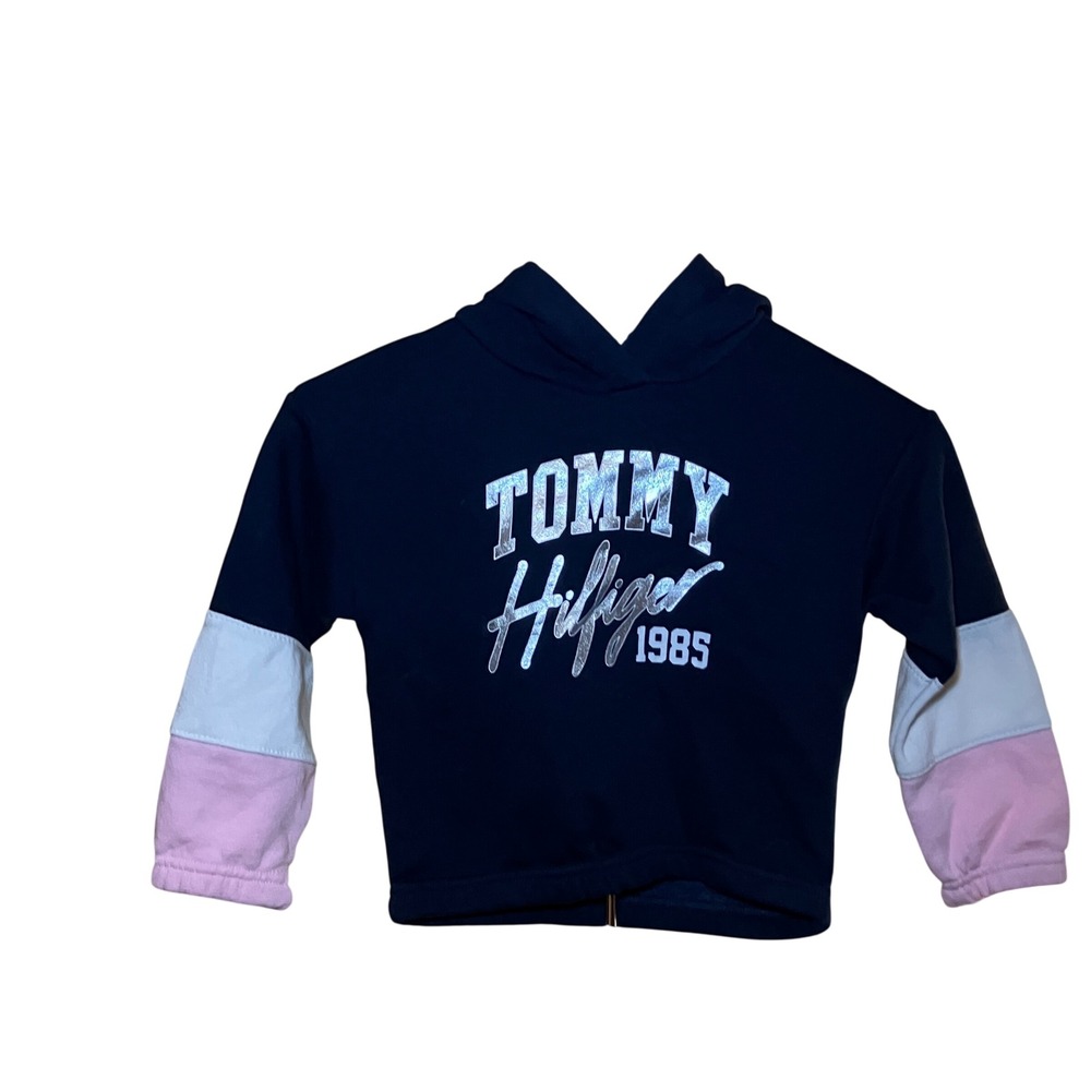 Kids Size 4 Tommy Hilfiger Hoodie Silver Glitter Logo Pink White Colorblock